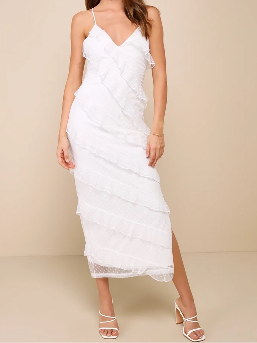 Lulu's More Than Gorgeous White Mesh Ruffled Swiss Dot Midi Dress